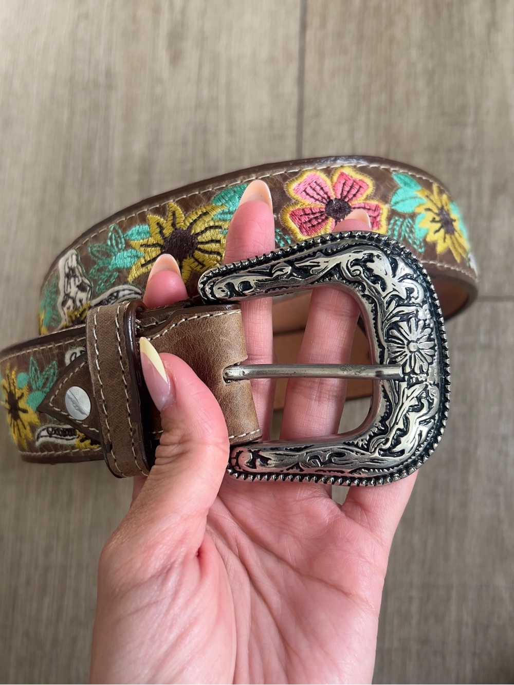 Brown Embroidered Floral Leather Belt with Ornate Silver Buckle